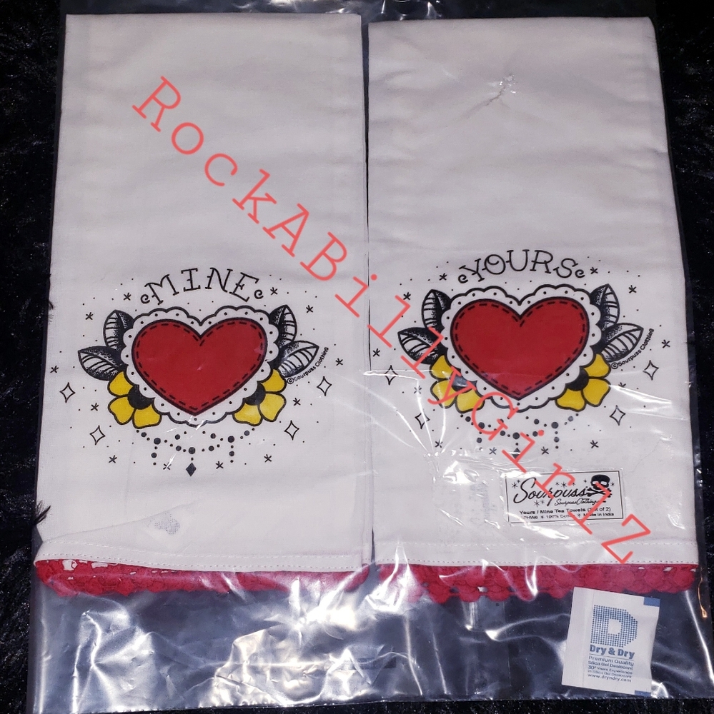 2pc Sourpuss Yours & Mine Valentines Heart Kitchen Tea Towels w Red Pom Pom Trim
